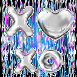 XOXO 和心脏形成银球和金蛋白流光浪漫纸屑坡度漩涡欲望闪光金子色调金属图片