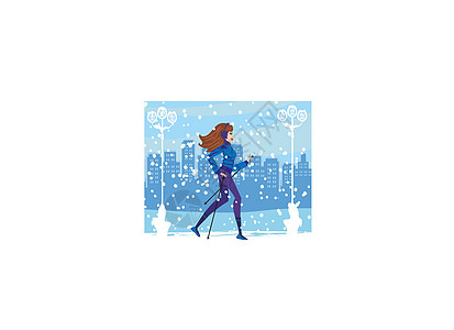 北欧步行在冬季运动的活跃妇女倾斜公园行动青少年城市天空享受青年叶面微笑图片