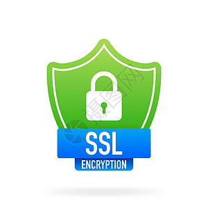 白色背景的 SSL 加密安全徽章 绿色横幅 矢量插图图片