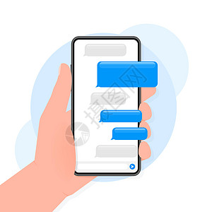 手持手机 在蓝色背景上有聊天信息 矢量插图顾客男人视频用户桌子演讲商业帮助技术操作员图片