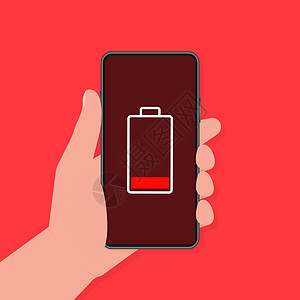 发射充电电池智能手机 - 矢量信息 在红色背景上隔离背景图片