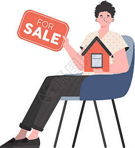 一个人坐在椅子上 手里拿着一个标牌出售 售房的概念是孤立的 矢量图解图片