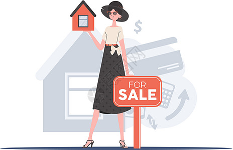 一个挂着待售标志的女孩手里拿着一间小房子 卖房子的概念 时尚风格 矢量图图片