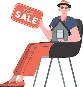 一个人坐在椅子上 手里拿着一个标牌出售 卖房子或房地产 孤立的 矢量插图图片