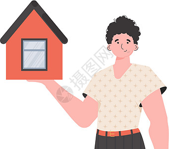 这名男子被描绘成腰深 手里拿着一所房子 卖房子的概念 孤立 矢量图图片