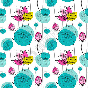 Lotus无缝模式叶子纺织品画线生态绿色墨水印花织物粉色荷花图片