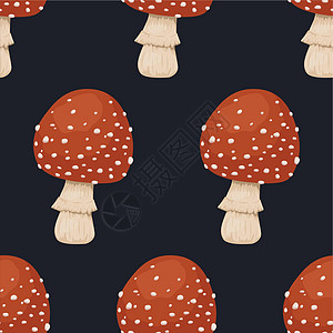 矢量无缝模式与有毒的不可食用的蘑菇 手绘卡通红蝇蘑菇在黑色背景上 毒蝇伞 飞木耳蘑菇无缝纹理图片