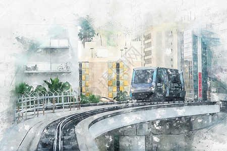 迈阿密市中心车站地铁移动列车的水彩画插图 是迈阿密的免费自动运输系统摩天大楼商业搬运工民众铁路城市艺术品地铁市中心建筑图片