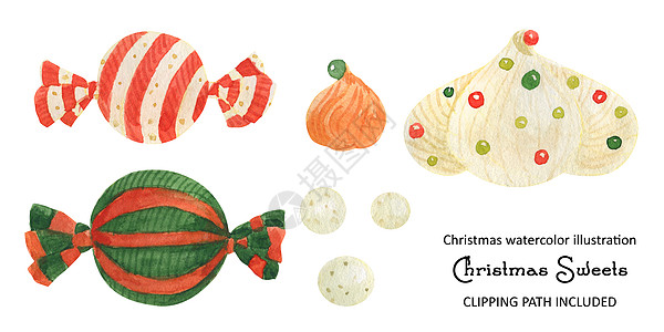 圣诞糖果棒棒糖和Zefir 水彩图手绘冰淇淋日历绿色手杖糖果新年问候语食物展示图片