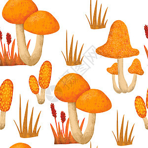 手绘无缝图案与秋季秋季蘑菇真菌 野生自然背景 橙红黄色感恩节森林木林地织物印花 用于纺织壁纸包装纸花园菌类森林纺织品橡木橙子涂鸦图片