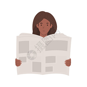年青非裔美洲女性在报纸上阅读白种背景孤立的矢量插图 但图片