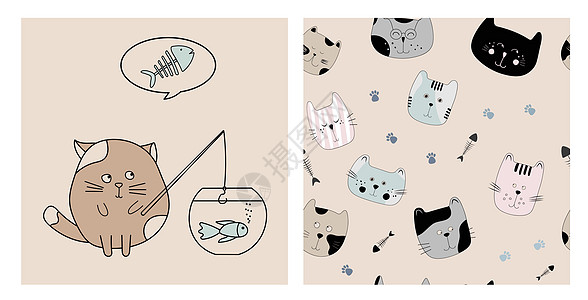 可爱的米猫矢量猫咪绘画打印艺术卡片情感动物涂鸦小猫插图背景图片