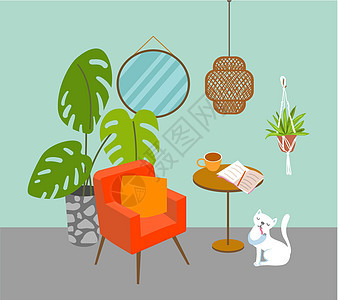 室内矢量图 舒适可爱的房间植物建筑学风格镜子桌子家具装饰艺术插图工作室图片