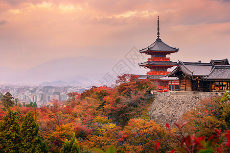 京都秋季在圣久诺托塔寺和基约米祖台寺山上日出公园全景历史树叶旅行天空季节建筑宗教世界图片