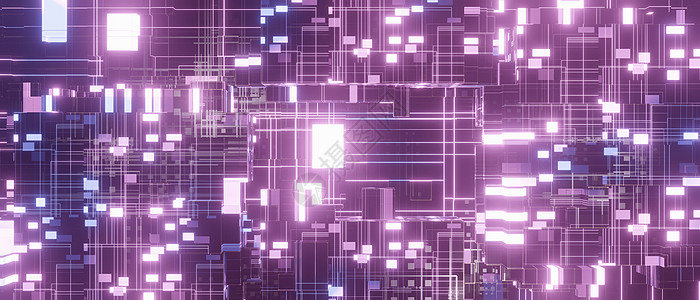抽象闪耀电子处理器或 IC 电路图案表面时尚亮紫色横幅背景壁纸不同概念 3D 渲染图片