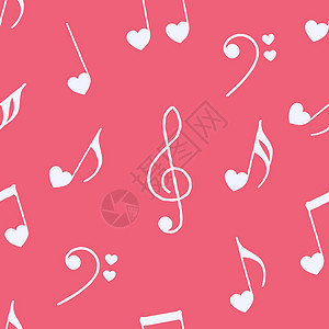 以粉红色背景的无缝模式用红心剪切音乐音符 手画风格 矢量插图背景图片