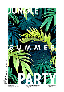 棕榈叶的深原花卉设计 外来热带夏季矢量背景丛林雨林派对棕榈绿色传单艺术海报边界植物图片