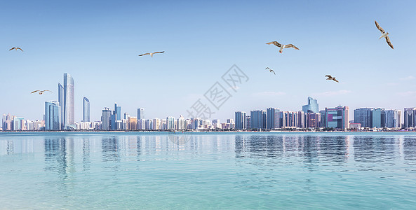 阿布扎比天空线阿联酋与摩天大厦和海带海鸥的全景图片