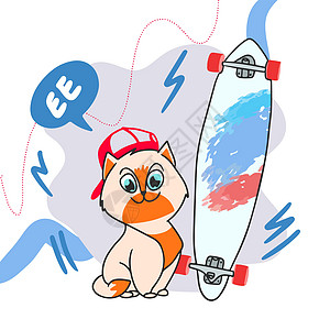 红帽子的可爱卡通姜猫 骑长板 玩得开心 滑溜冰 暑假数字插图娱乐卡通片涂鸦宠物艺术衣服杯子溜冰者图片