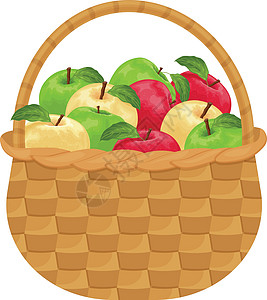 苹果 在柳条篮子里的成熟苹果 一篮苹果 一篮子熟透的苹果 维生素产品 在白色背景上孤立的矢量图图片