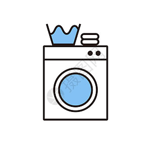 洗衣机 浴缸和毛巾的图标 洗衣和洗衣液 矢量图片