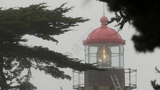 旧灯塔壁膜透镜发光 雾雨天气 美国照明信标历史性阴霾丛林房子导航建筑学大灯戏剧性下雨建筑图片
