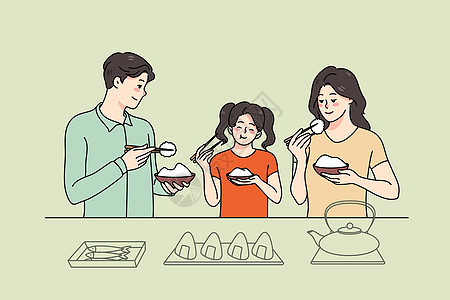 家庭亚洲人有孩子的家庭享受亚洲食物插画
