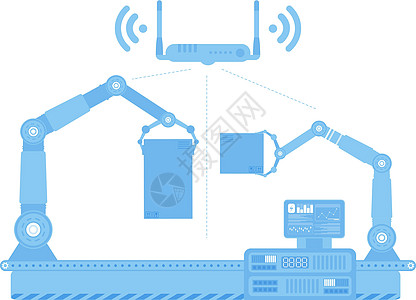 带机械臂的自动输送线 物联网和自动化的概念 孤立 向量机械生产输送带机器人产品科学技术工作插图工程图片