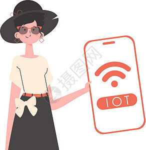 女孩手里拿着一个带有IOT标志的电话 互联网上的东西概念 趋势平板风格 矢量插图图片