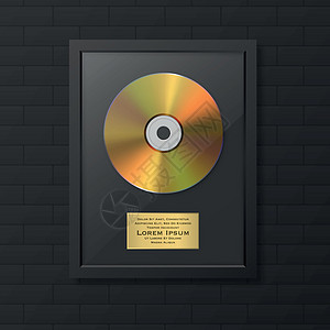 现实矢量 3d 金黄色光盘和黑砖墙上黑色框架标签 单专辑 集束磁盘奖 有限版 设计模板图片