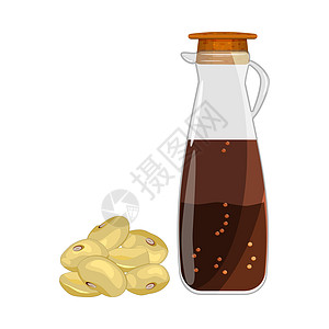 瓶子和大豆中的酱油 在白色背景中被孤立图片