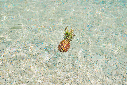 在蓝色热带海洋水中漂浮的夏季外出菠萝水果象征物 健康有机饮食食品茶点阳光海滩反射小吃游泳食物维生素图片