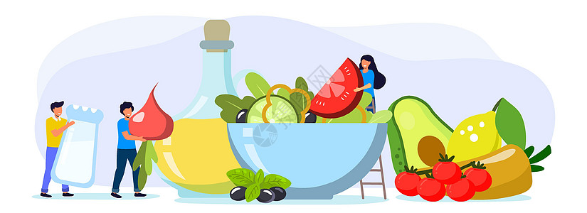 番茄矢量站在沙拉碗旁的瘦小人支持着巨大的沙拉碗平板矢量插图酒吧食谱女士叶子家庭幸福美食生物厨房盘子设计图片