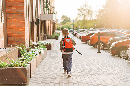 回到学校 可爱的孩子背着背包去上学 提着包的男孩学生 正在上课的小学生 孩子下课后在城市街道上户外散步 后视图背景图片