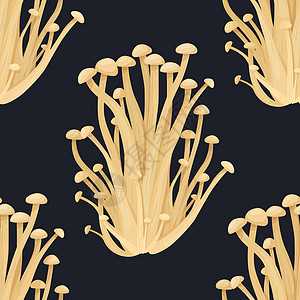 矢量无缝模式与黑金针菇 无缝纹理 手绘卡通金针菇布什 纺织品 墙纸的设计模板 金针菇 蘑菇印花图片