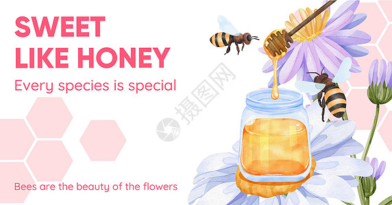 带有蜜蜂概念 水彩色风格的Facebook广告模板蜂蜜勺子蜂蜡蜂房社区农场蜂巢食物甜点媒体图片