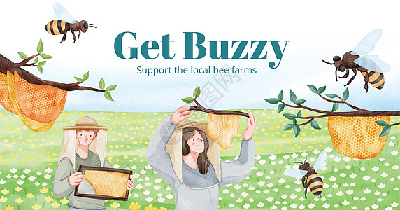 带有蜜蜂概念 水彩色风格的Facebook广告模板农场洋甘菊养蜂业产品糖浆营销甜点光泽度插图蜂蜡图片