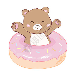 可爱的卡通泰迪熊 白底甜甜甜圈生日卡片食物甜点蛋糕礼物插图小吃早餐女孩背景图片