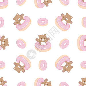 无缝模式与泰迪熊 甜甜圈 手画字母的快乐 甜蜜乐趣女孩插图墙纸滑板车喜悦纺织品婴儿玩具动物图片