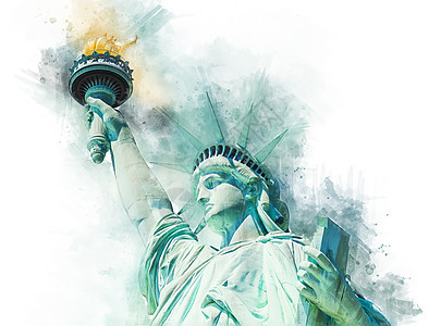 自由女神像 在白色背景上孤立的水彩油漆效果艺术品绿色女士数字水彩画插图民主纪念碑手绘雕像背景图片
