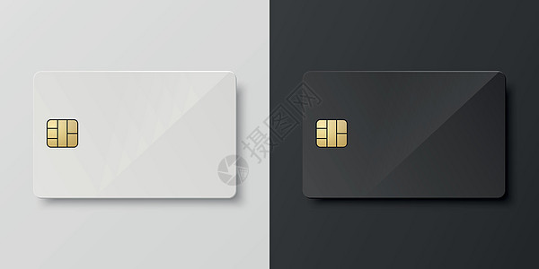 矢量 3d 逼真的白色和黑色空白空信用卡集 塑料信用卡 借记卡设计模板 用于样机 品牌 信用卡付款概念 顶视图图片