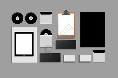 空白公司 ID 设置在灰色背景上 包括名片 文件夹 平板电脑 信封 a4 信笺 笔记本 闪光灯 铅笔 cd 盘和智能手机笔记办公图片