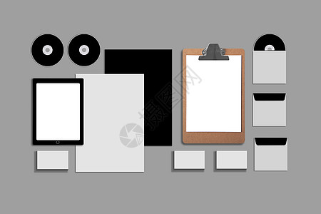 空白公司 ID 设置在灰色背景上 包括名片 文件夹 平板电脑 信封 a4 信笺 笔记本 闪光灯 铅笔 cd 盘和智能手机办公室笔背景图片