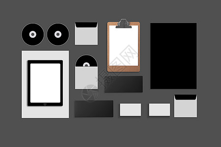 空白公司 ID 设置在灰色背景上 包括名片 文件夹 平板电脑 信封 a4 信笺 笔记本 闪光灯 铅笔 cd 盘和智能手机小样橡皮背景图片