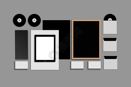 空白公司 ID 设置在灰色背景上 包括名片 文件夹 平板电脑 信封 a4 信笺 笔记本 闪光灯 铅笔 cd 盘和智能手机记事本嘲背景图片