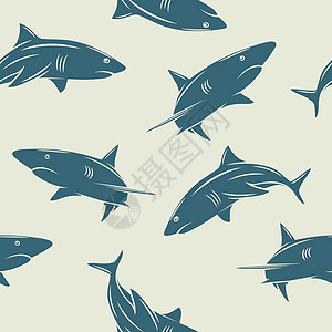 矢量无缝模式与卡通鲨鱼剪影 与剪影鲨鱼的无缝纹理 海洋捕食者 海洋 海洋 海洋动物 纺织品 墙纸印刷的鲨鱼角色设计海洋生物大白鲨图片