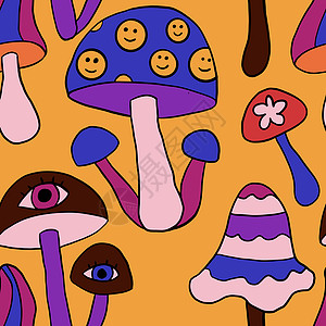 无缝手画图案和嬉皮花蘑菇一样 以橙色紫蓝色红颜色 1960年代的回溯性老作风格 带有幻觉催眠元素的三纹野生明亮背景节日世纪插图绘图片