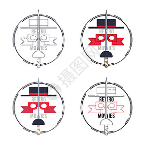 线条颜色简单矢量创意插图集-复古英雄电影 T 恤可打印概念标志 复古电影符号对象 抽象视频海报装饰 剑与假面英雄电视剧图片