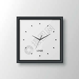 矢量 3d 逼真方形墙壁办公室时钟与黑色框架 设计模板隔离在白色 使用罗马数字拨号 用于品牌和广告隔离的挂钟模型 钟面设计商业插图片