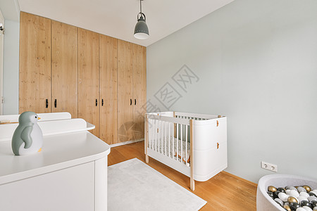 带小床的轻便舒适婴儿房婴儿财产白色住宅婴儿床风格房子木地板家具窗户图片